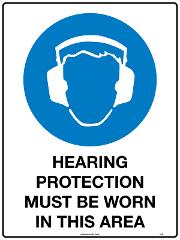SAFETY SIGN METAL UNIFORM 102LM HEARING PROTECTION MUST BE WORN IN THIS AREA 600 X 450MM